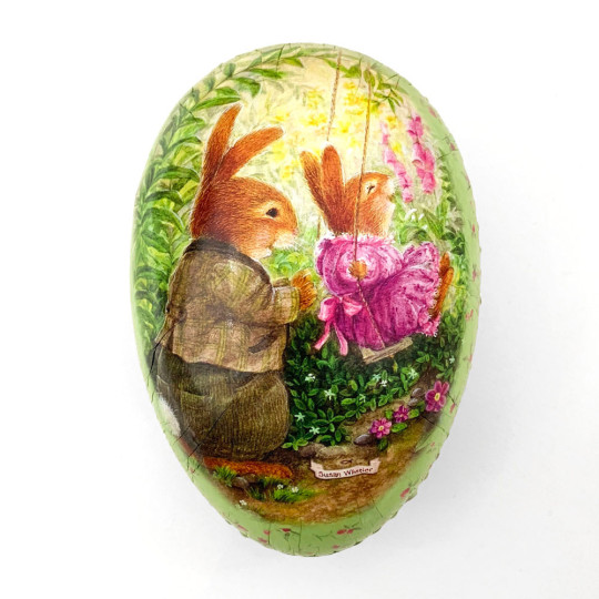 6" Green Holly Pond Hill Bunny Garden Swing Easter Egg Container ~ Germany